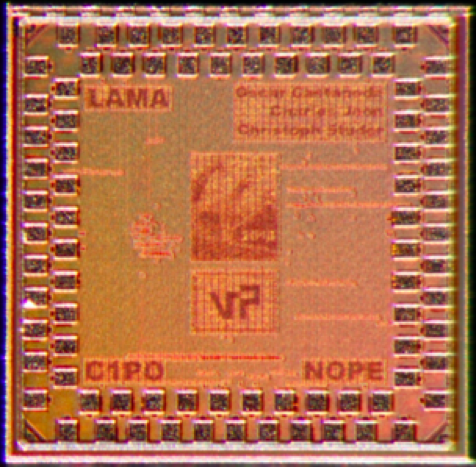 This image shows a square 2mm^2 28nm ASIC containing LAMA, C1PO, and NOPE, three accelerators for large multi-antenna wireless communication systems designed by the IIP group. The ASIC features the artwork of three lamas contemplating the horizon, symbolizing the three implemented designs.